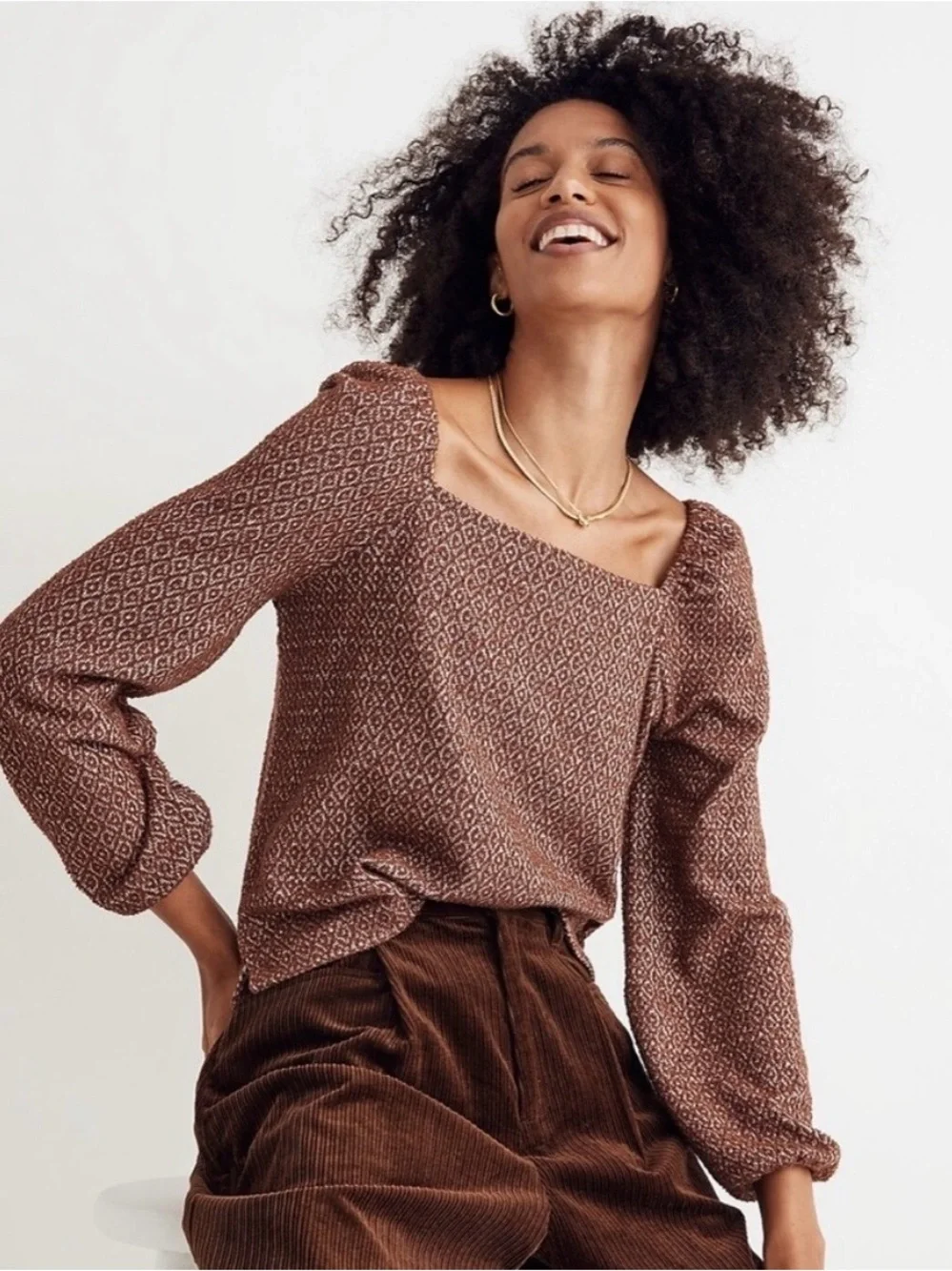NWT MADEWELL Jacquard Puff Long Sleeve Rust Brown Crop Top Sz XXS